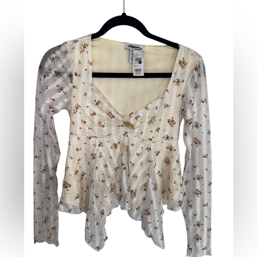 RSQ Fairy Cream Floral Peplum Long Sleeve Top with Brown Print